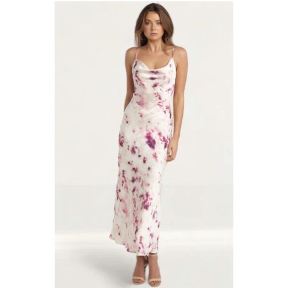 Bardot Tie Dye Slip Dress Size 6 Satin Cowl Neck Open Back Y2K 90s Garden Whimsy - Picture 1 of 12
